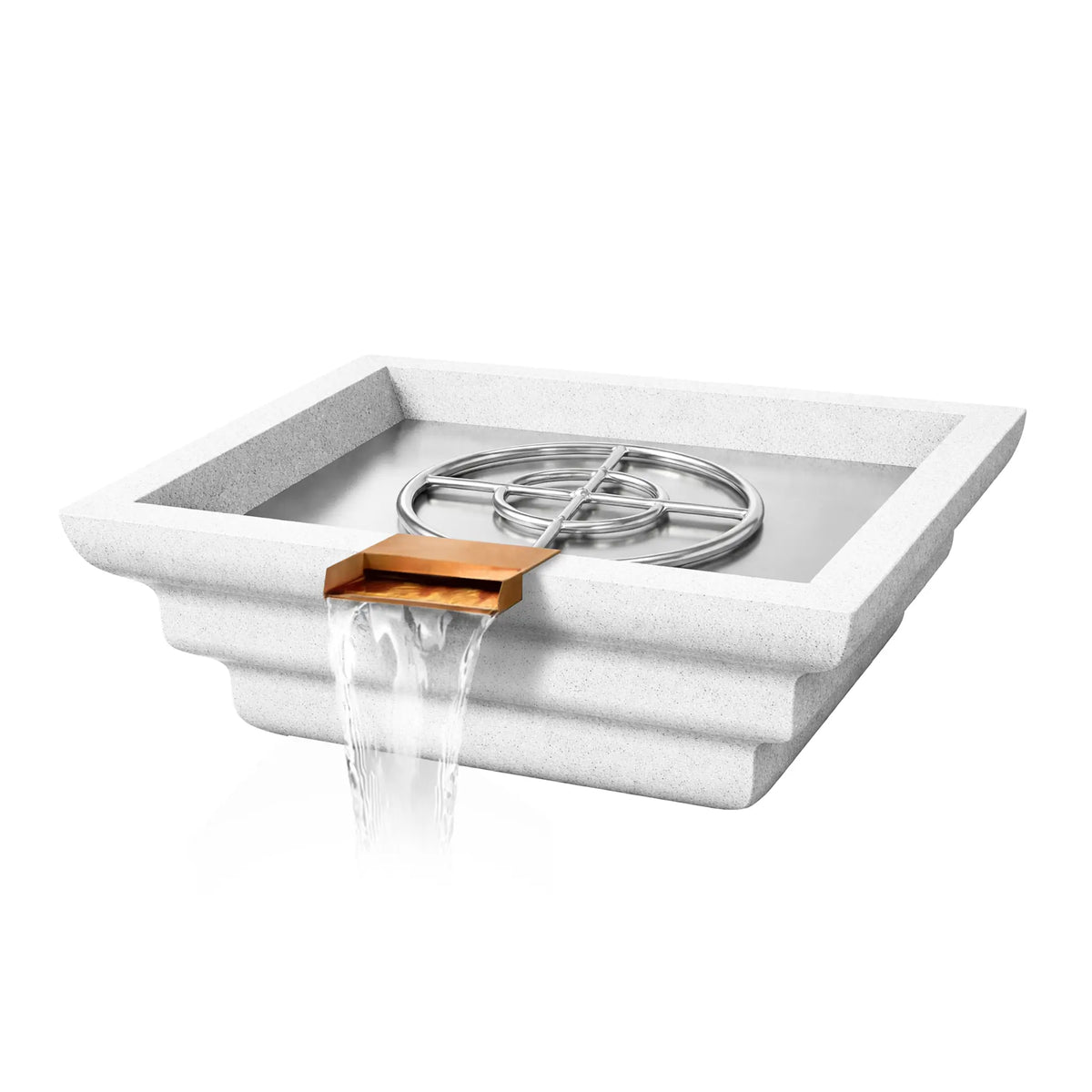 Angled view of a white Shadow Cast Ripple fire and water bowl with the burner system visible but no flame present. The stainless steel burner ring sits inside a metal burner pan while water cascades from the copper spillway at the front. The textured GFRC concrete bowl features a stepped ripple exterior profile.