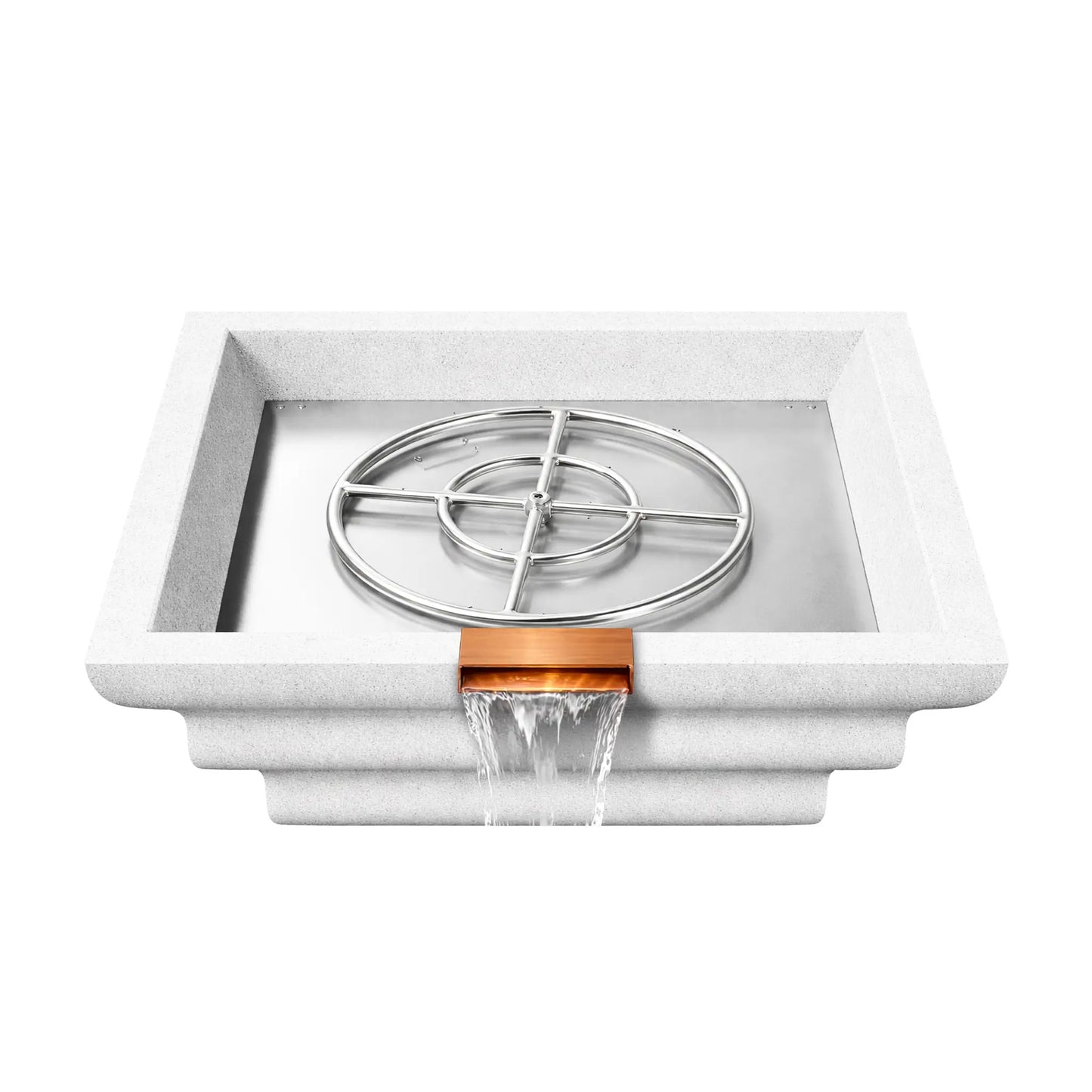 Overhead product view of a white Shadow Cast Ripple fire and water bowl with the stainless steel burner ring assembly exposed in the metal burner tray. The interior basin is empty of fire media while water pours from the copper waterfall spillway, revealing the internal gas fire feature components.