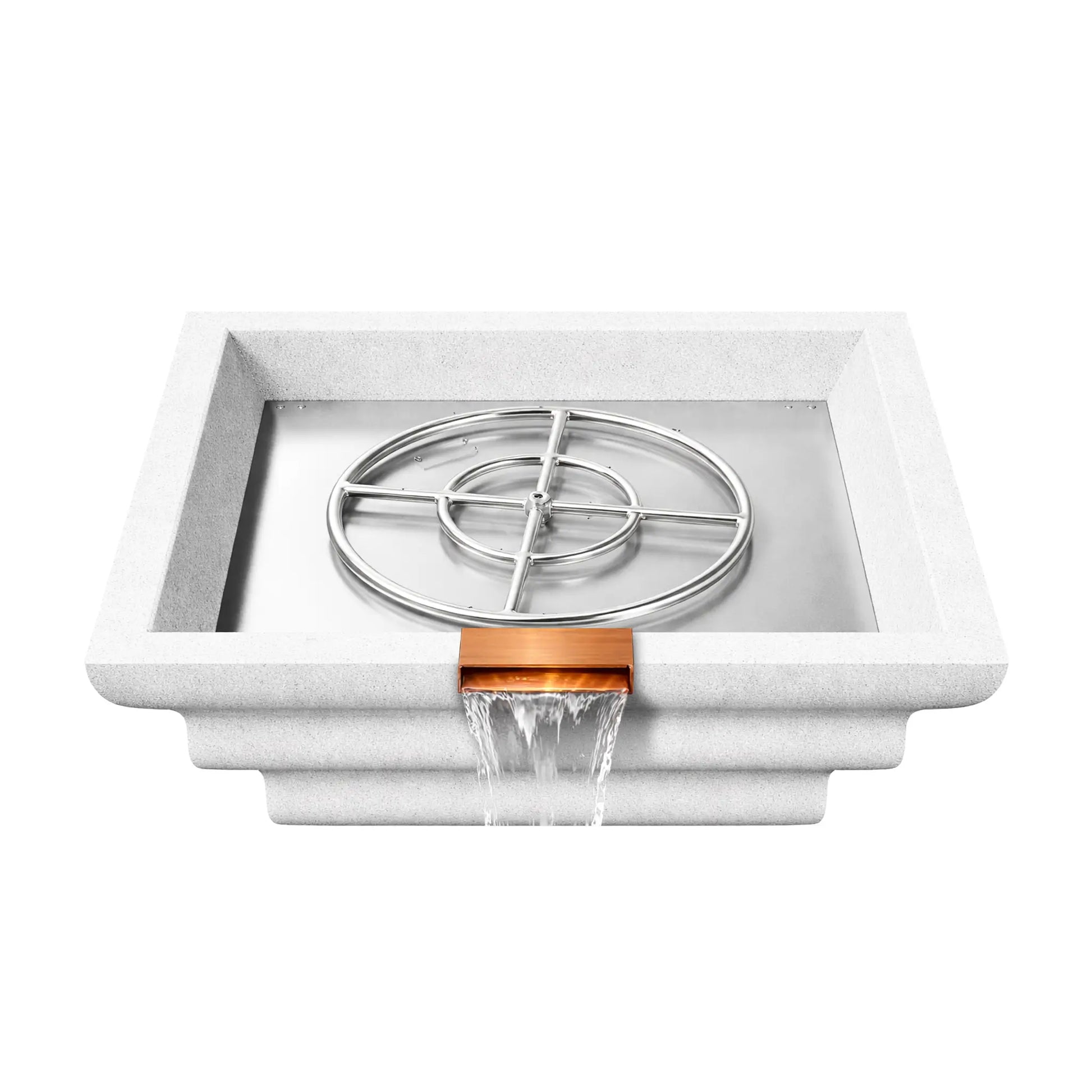 Overhead product view of a white Shadow Cast Ripple fire and water bowl with the stainless steel burner ring assembly exposed in the metal burner tray. The interior basin is empty of fire media while water pours from the copper waterfall spillway, revealing the internal gas fire feature components.