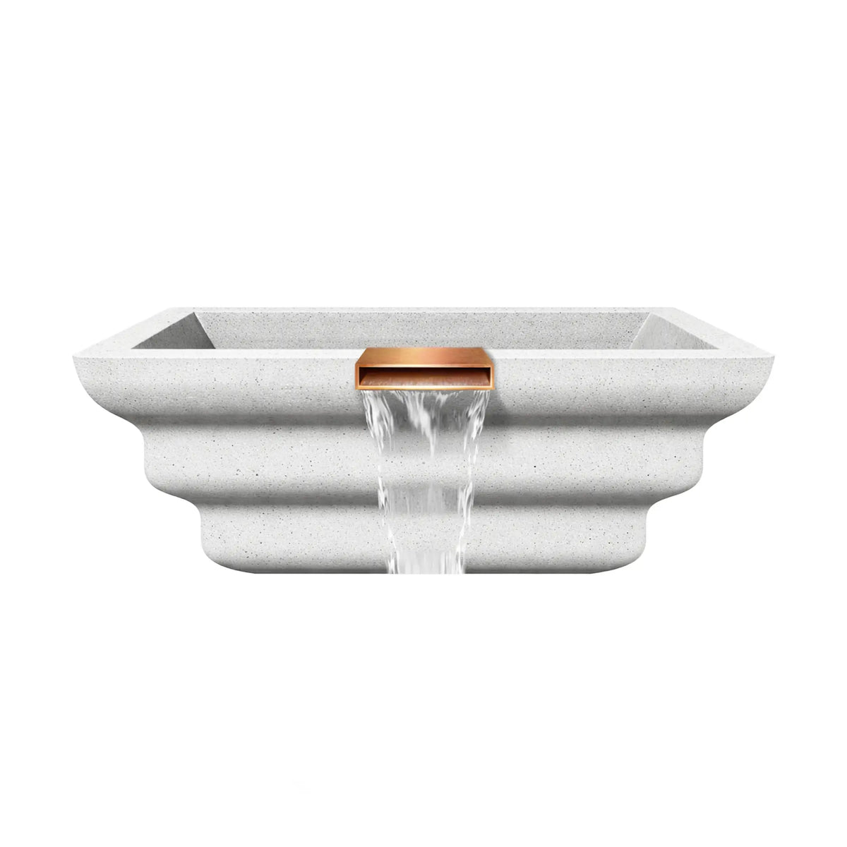 Side profile view of the white Shadow Cast Ripple Designer Series fire and water bowl constructed from textured GFRC concrete. The sculpted ripple-style exterior forms layered curves along the bowl’s sides, while a copper spillway at the center front pours a steady waterfall. The basin is empty, showcasing the architectural form and integrated spillway design used for poolside water features.