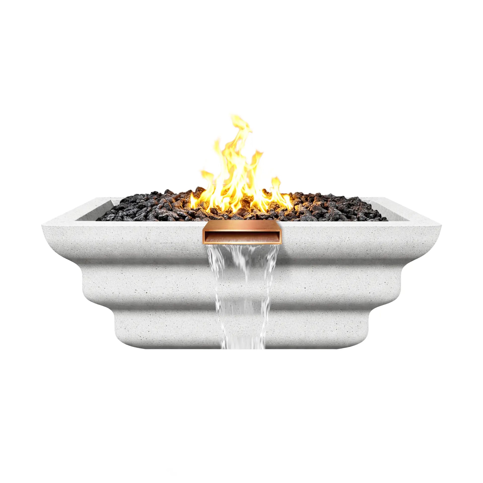 Side view of a white Shadow Cast Ripple Designer Series fire and water bowl with an active gas flame rising above a bed of black lava rock fire media. Water cascades smoothly from the copper waterfall spillway below the flame. The GFRC concrete bowl features a sculpted ripple exterior, creating a modern fire and water feature commonly used for luxury pool and landscape installations.