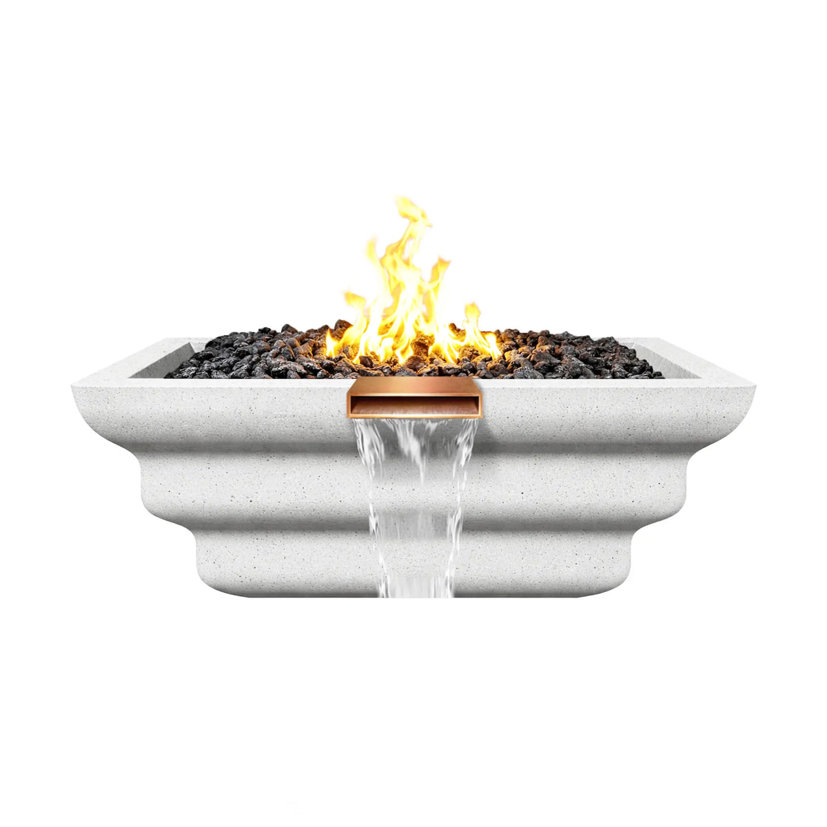 Side view of a white Shadow Cast Ripple Designer Series fire and water bowl with an active gas flame rising above a bed of black lava rock fire media. Water cascades smoothly from the copper waterfall spillway below the flame. The GFRC concrete bowl features a sculpted ripple exterior, creating a modern fire and water feature commonly used for luxury pool and landscape installations.