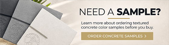 Wide concrete samples banner displaying textured color swatches in charcoal, medium gray, and ivory. The promotional graphic reads “Need a Sample?” and invites customers to order concrete samples before buying, with a gold “Order Concrete Samples” button.