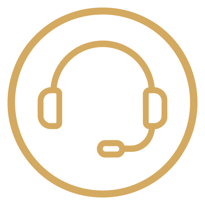 Flame Havens contact icon featuring a gold headset and microphone inside a circular outline. The customer service symbol represents contacting Flame Havens for sales assistance, product questions, technical support and help with fire pits, burners, accessories or custom fire feature projects.