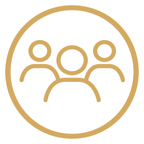 Flame Havens contact the team icon featuring three people outlined in gold inside a circular border. The graphic represents connecting with the Flame Havens team for sales, customer service, technical guidance, custom fabrication questions and assistance planning an outdoor fire feature project.