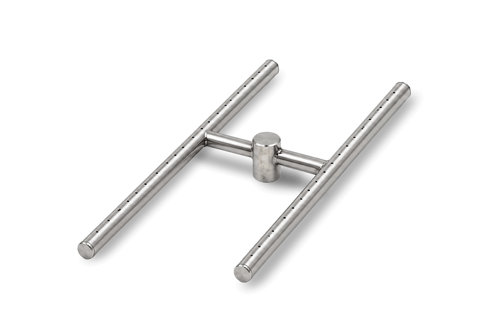 Flame Havens fire pit H burner image featuring a polished stainless steel H-style burner with two parallel burner tubes, evenly spaced gas ports and a raised center-feed hub. Cross tubes connect the burner rails to distribute gas across the assembly for custom rectangular fire pits and outdoor gas fire features.