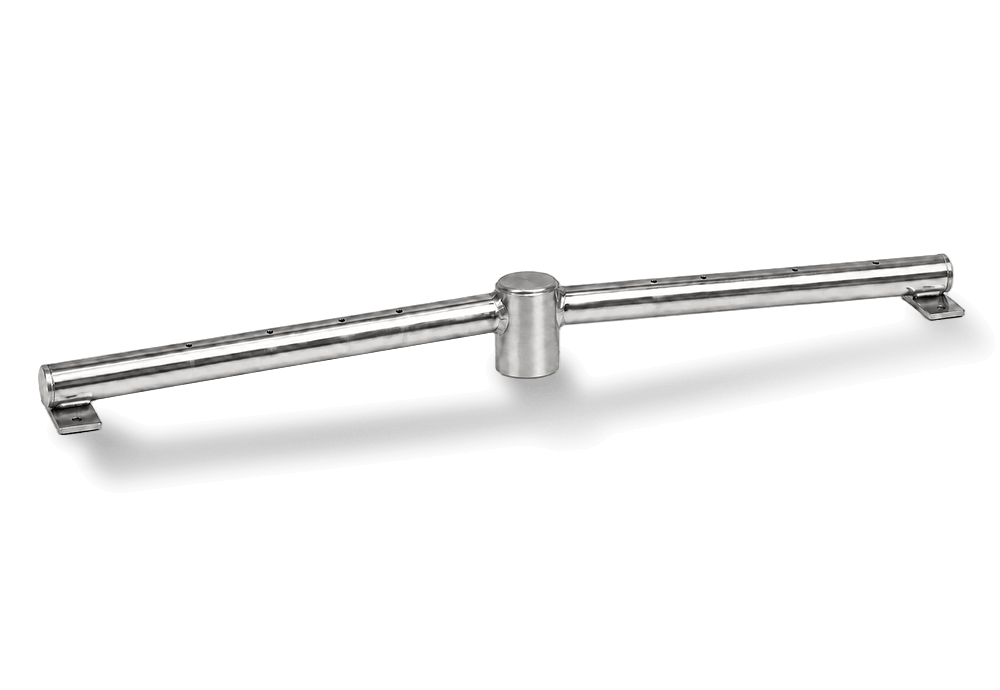 Flame Havens fire pit linear burner made from polished stainless steel with a long straight burner tube, evenly spaced gas ports and a raised center hub. Mounting tabs at both ends help secure the burner inside a fire pit or burner pan, creating a clean linear flame pattern for custom rectangular outdoor fire features.