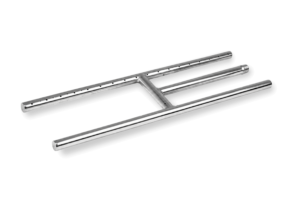Flame Havens fireplace H burner image showing a polished stainless steel H-style gas burner with two long parallel tubes, connecting cross sections and an extended threaded gas inlet stem. Evenly spaced burner ports create a linear flame layout for custom fireplace and natural gas fire feature applications.