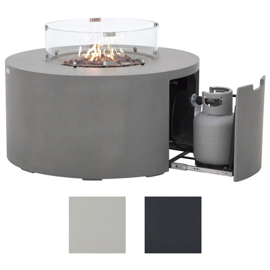 Elegant Elementi Pacaya 43.3” Round Hidden Propane Tank Fire Pit Table in action, showcasing its sleek modern design, vibrant flames over lava rocks, and a concealed propane tank for a seamless outdoor ambiance—exclusively at Flame Havens.