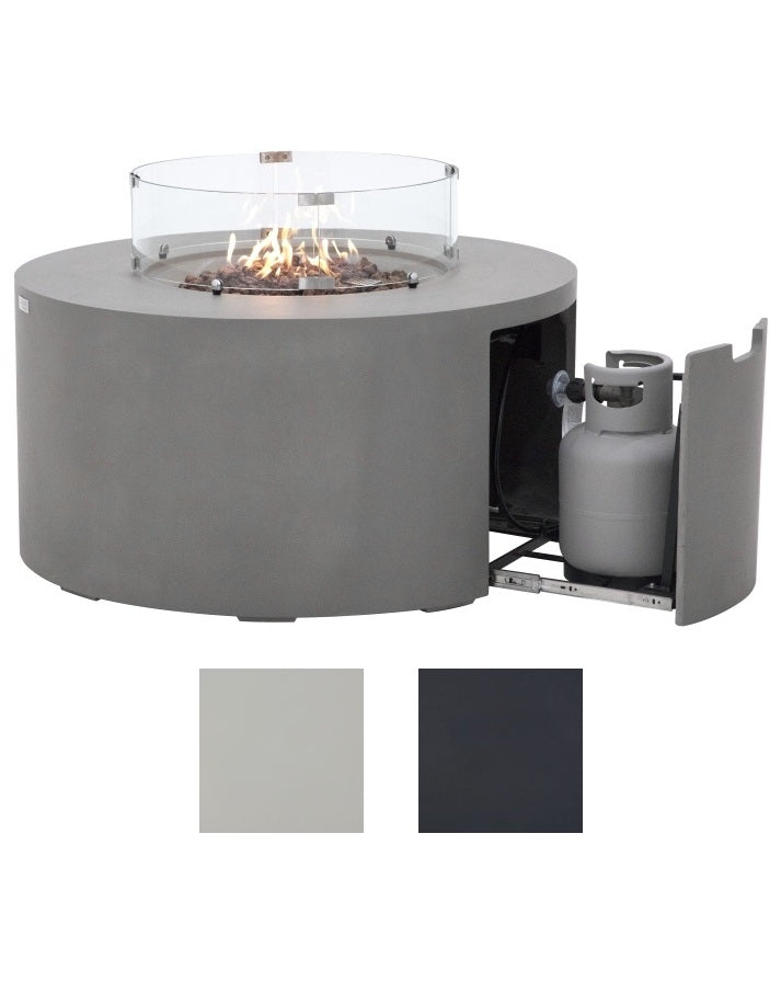 Elegant Elementi Pacaya 43.3” Round Hidden Propane Tank Fire Pit Table in action, showcasing its sleek modern design, vibrant flames over lava rocks, and a concealed propane tank for a seamless outdoor ambiance—exclusively at Flame Havens.