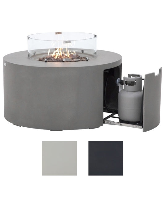 Elegant Elementi Pacaya 43.3” Round Hidden Propane Tank Fire Pit Table in action, showcasing its sleek modern design, vibrant flames over lava rocks, and a concealed propane tank for a seamless outdoor ambiance—exclusively at Flame Havens.