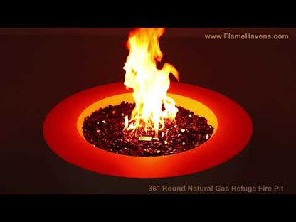 Close-up video of the 36" Round GFRC (Glass Fiber Reinforced Concrete) Natural Gas Fire Pit by Flame Havens Refuge Series burning with vibrant flames over black reflective tempered fire glass. The video showcases all three available finish colors, while demonstrating the optional tempered glass wind guard in use during operation and the optional stainless steel burner cover for a clean tabletop appearance when the fire pit is not in use. Designed for luxury outdoor living spaces, and patios. 