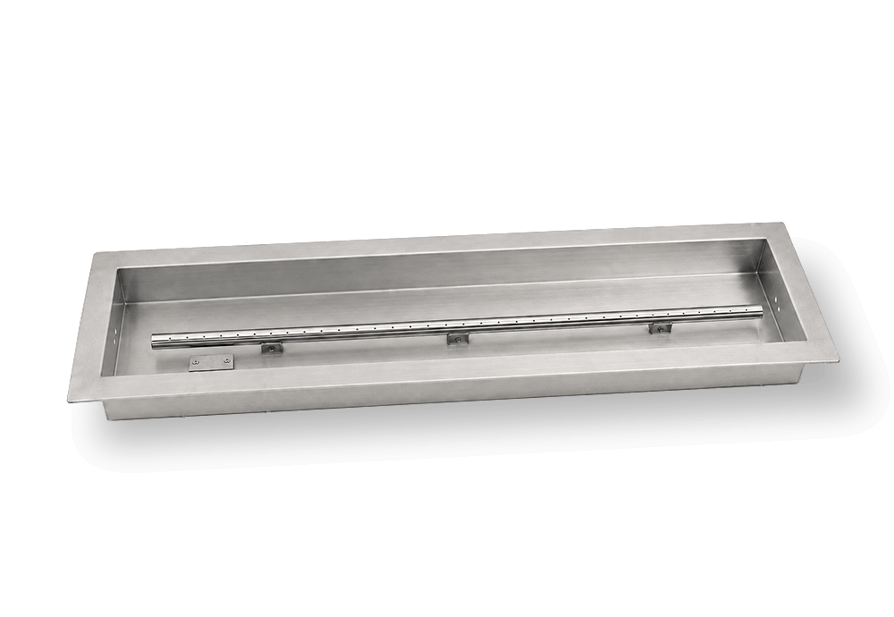 Flame Havens rectangle drop-in burner pan in stainless steel with a long linear fire pit burner mounted inside the recessed pan. The rectangular design features a wide perimeter lip, evenly spaced burner ports, ignition access hardware and a clean brushed-metal finish for custom fire pit fabrication and installation planning.