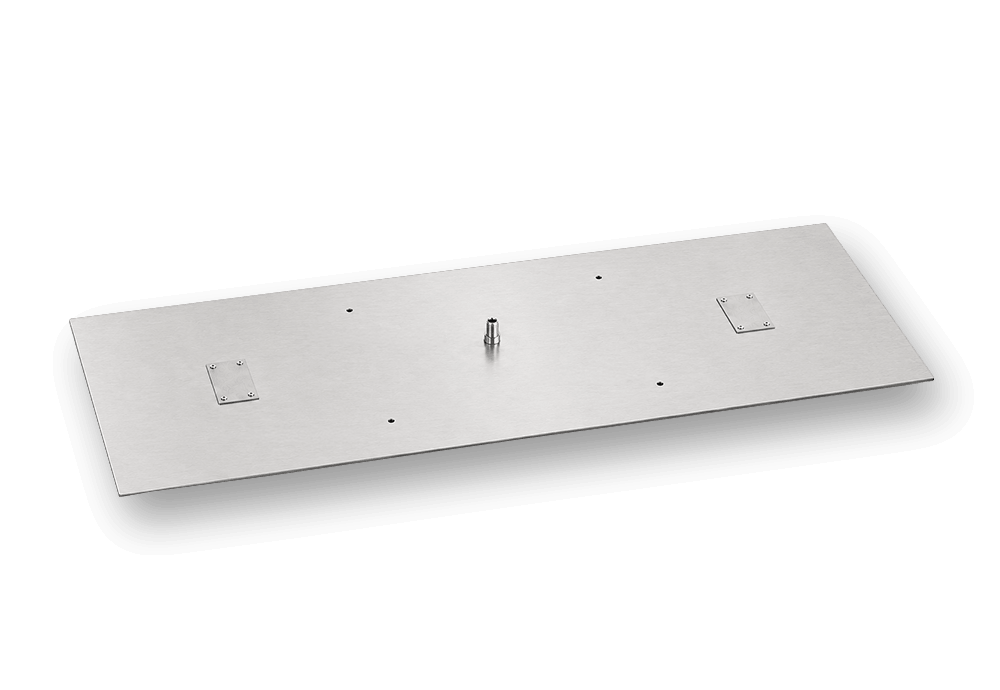Flame Havens rectangle fire pit burner pan shown as a flat brushed stainless steel plate for custom fire feature fabrication. The rectangular pan includes a centered gas inlet fitting, multiple weep and drain holes, and two removable ignition cover plates for integrating burners and ignition components.