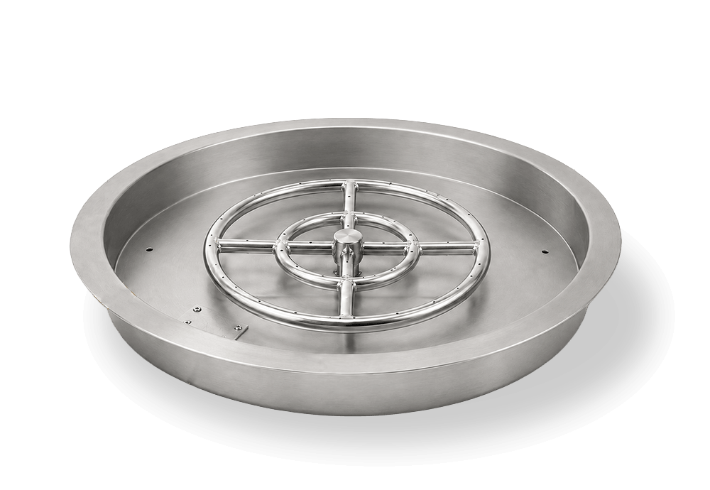 Flame Havens round drop-in burner pan made from stainless steel with a dual-ring fire pit burner mounted in the center. The circular recessed pan features a wide outer lip, concentric burner rings with evenly spaced ports, center gas hub, ignition access plate and drain openings for custom round fire pit installations.