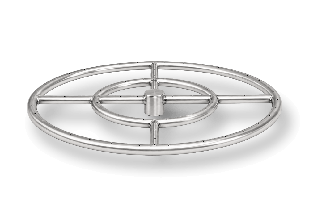 Flame Havens round fire pit burner constructed from polished stainless steel with large and small concentric burner rings connected to a raised center gas hub. Evenly spaced burner ports run around both rings, while cross supports distribute gas throughout the assembly for custom round fire pits and outdoor fire features.