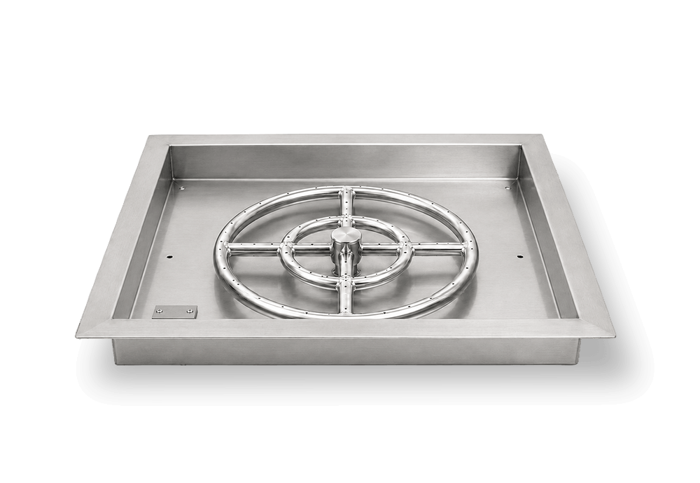 Flame Havens square drop-in burner pan featuring a stainless steel dual-ring fire pit burner centered inside the recessed pan. The square design includes a wide mounting lip, concentric burner rings with evenly spaced gas ports, center hub, ignition access plate and drainage openings for custom fire pit fabrication.