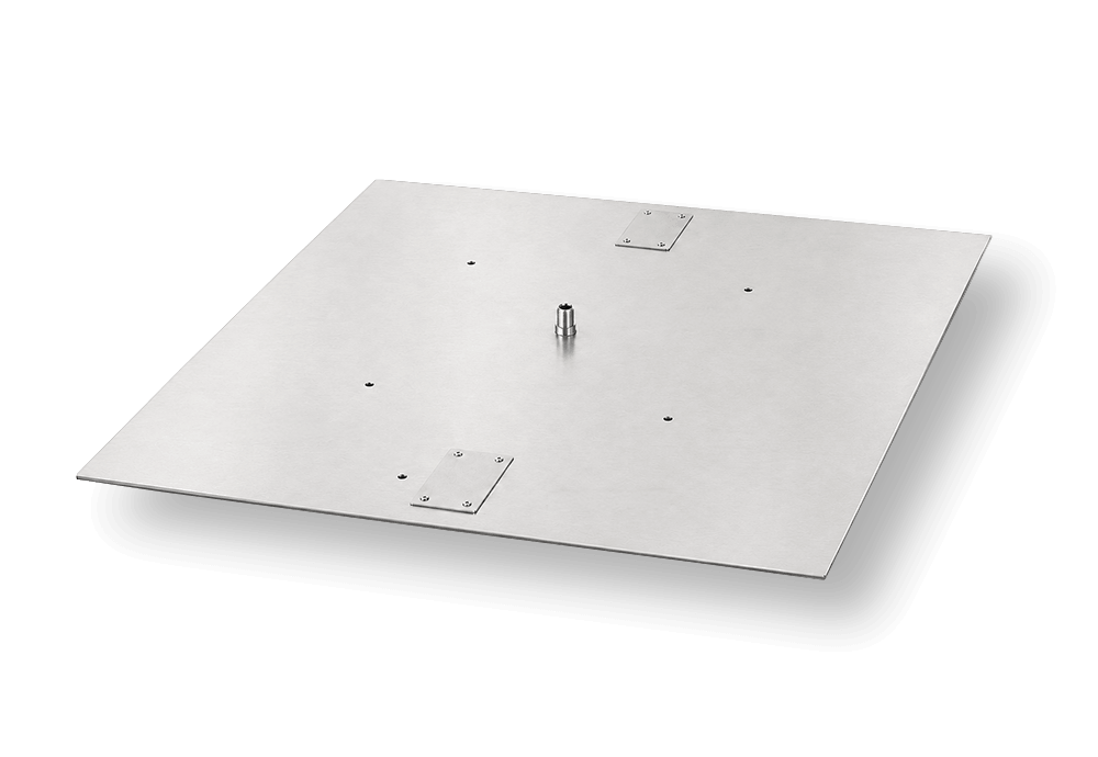 Flame Havens square fire pit burner pan fabricated from brushed stainless steel with a centered gas inlet fitting, multiple weep and drain holes, and two ignition cover plates. The flat-pan design provides a clean foundation for custom square fire pit burner systems and made-to-order outdoor fire features.