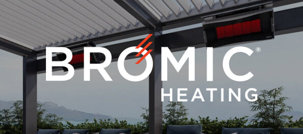 Bromic Heating logo overlay on a modern outdoor patio pergola with a red infrared heater mounted on the right side, and outdoor seating visible below.